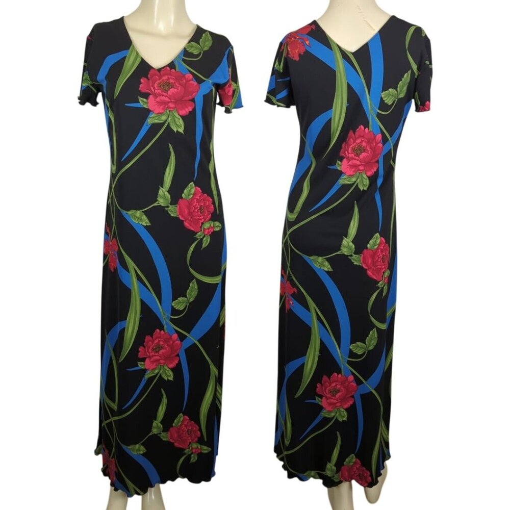 PASSPORTS Vintage V neck Floral Bright Colorful Cap sleeve Black Red Mini‎ dress